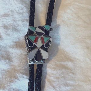 Native American (Zuni Peyote ) Sterling Inlay Bolo - Sterling Tips, Leather